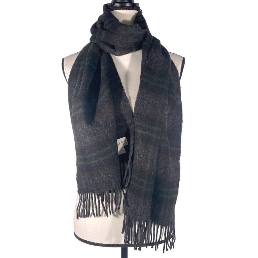 J. Crew large lambswool tartan plaid fringed scarf unisex dark